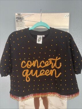 Concert Queen Black Short-Sleeve Sweater with Gold Embellishment